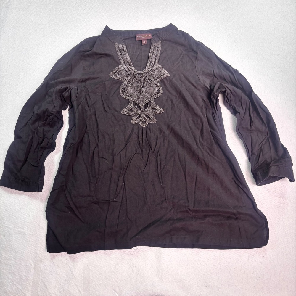 Dana Buchman Black Embroidered Tunic Blouse Women's 1X Boho Peasant‎ Top